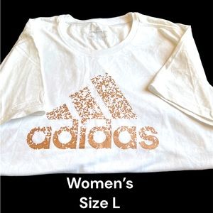 ❤️❤️ Woman’s Adidas white full length, short sleeve tee with gold lettering. XL